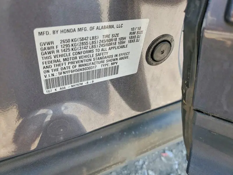 2019 HONDA PILOT EXL  