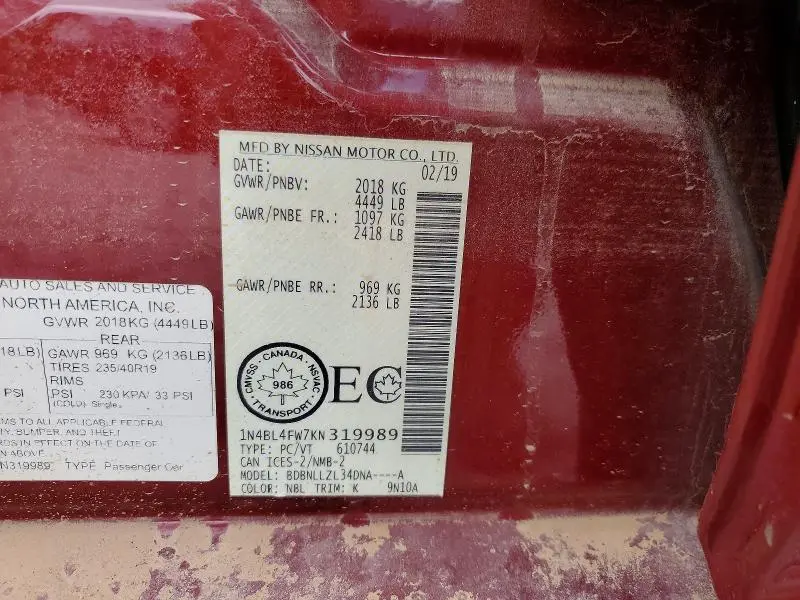 2019 NISSAN ALTIMA PLATINUM  