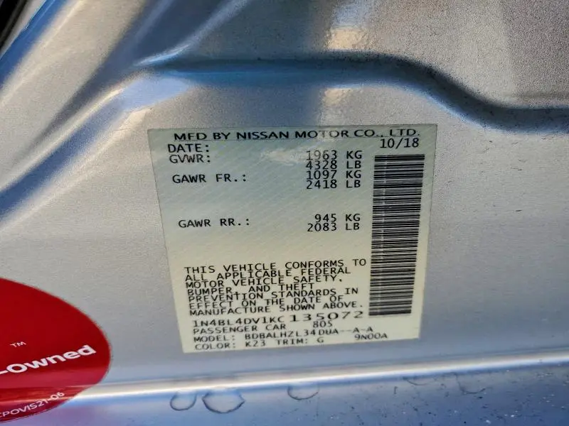 2019 NISSAN ALTIMA SV  