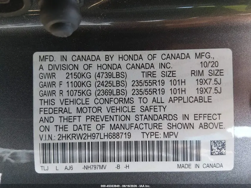 2020 HONDA CR-V AWD TOURING