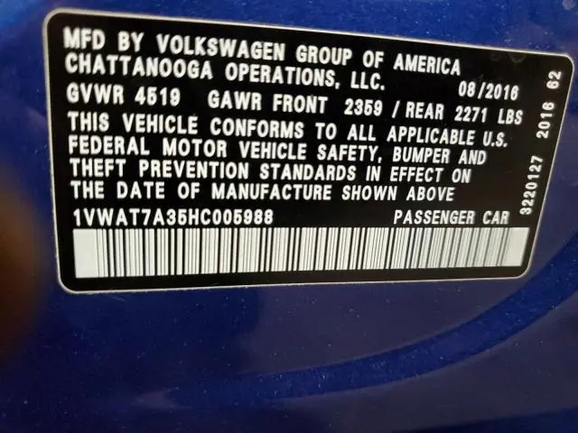 2017 VOLKSWAGEN PASSAT S  