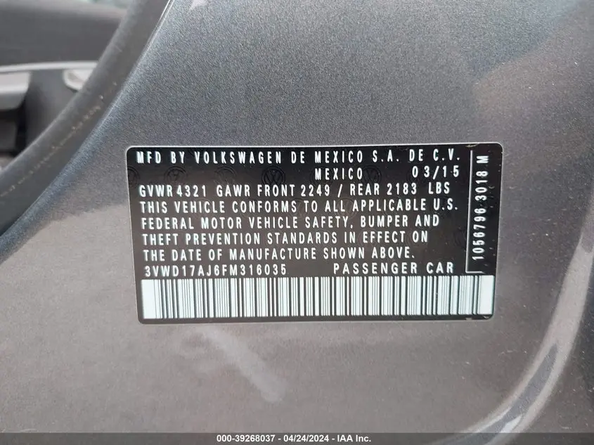 2015 VOLKSWAGEN JETTA 1.8T SE