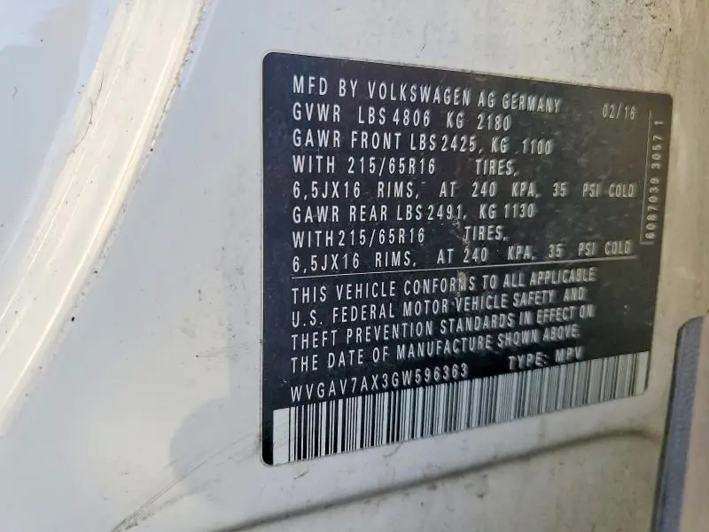 2016 VOLKSWAGEN TIGUAN S  