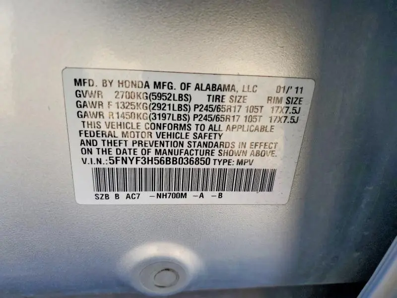 2011 HONDA PILOT EXL  