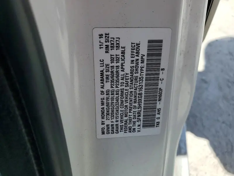 2016 HONDA ODYSSEY TOURING  