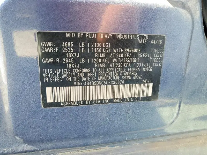 2016 SUBARU OUTBACK 2.5I LIMITED  