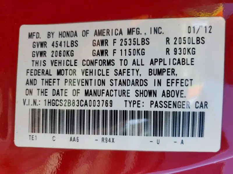 2012 HONDA ACCORD EXL  