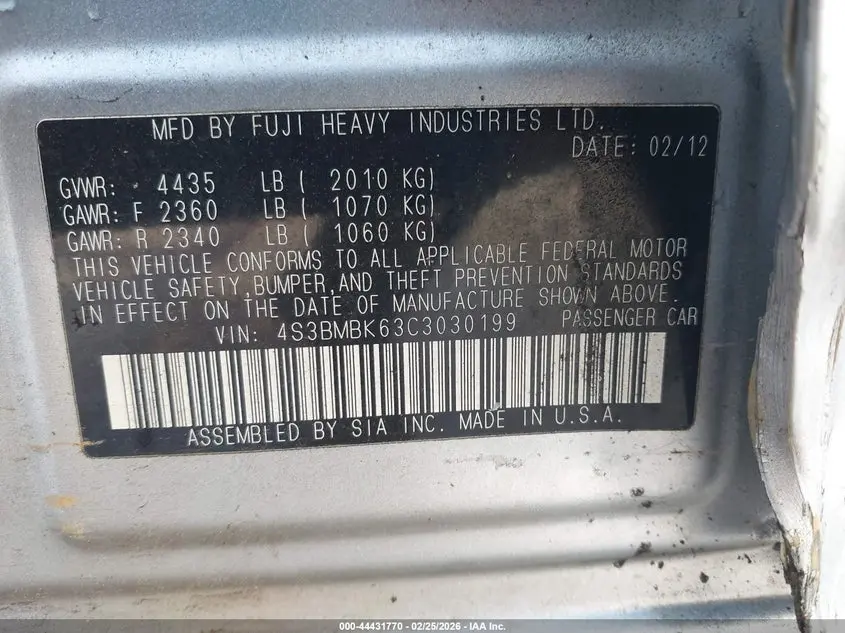 2012 SUBARU LEGACY 2.5I LIMITED