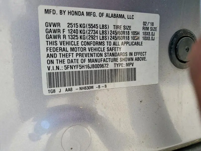 2018 HONDA PILOT LX  