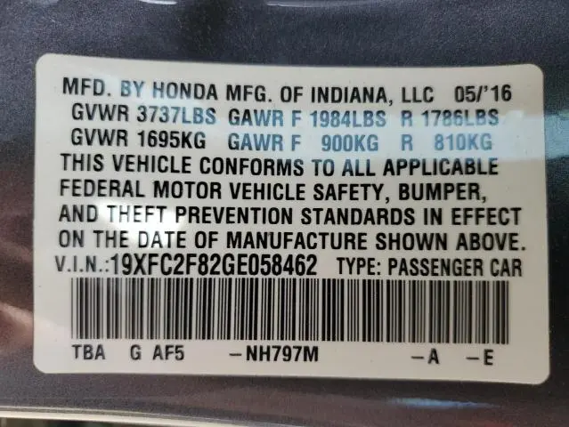 2016 HONDA CIVIC EX  
