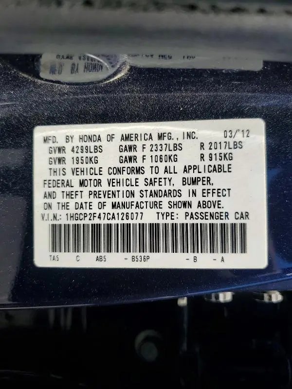 2012 HONDA ACCORD LXP  