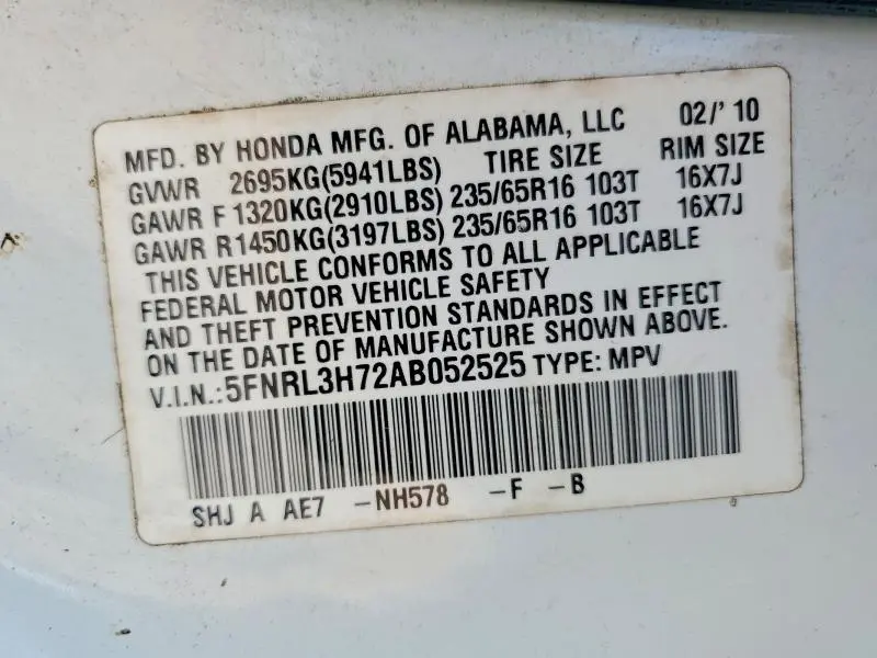 2010 HONDA ODYSSEY EXL  