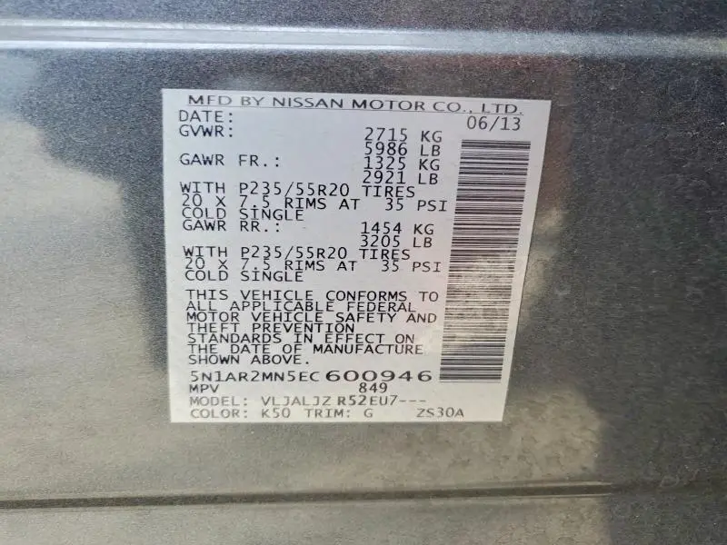 2014 NISSAN PATHFINDER PLATINUM  