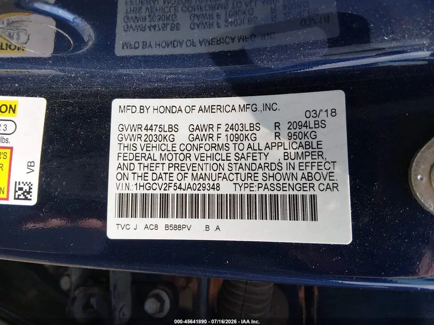 2018 HONDA ACCORD EX-L 2.0T