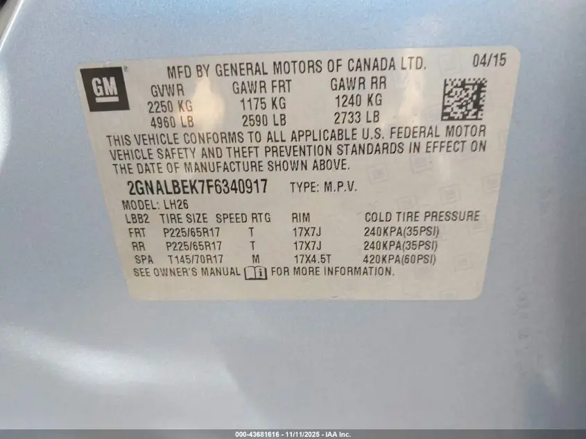 2015 CHEVROLET EQUINOX 1LT