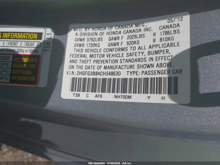 2012 HONDA CIVIC EX