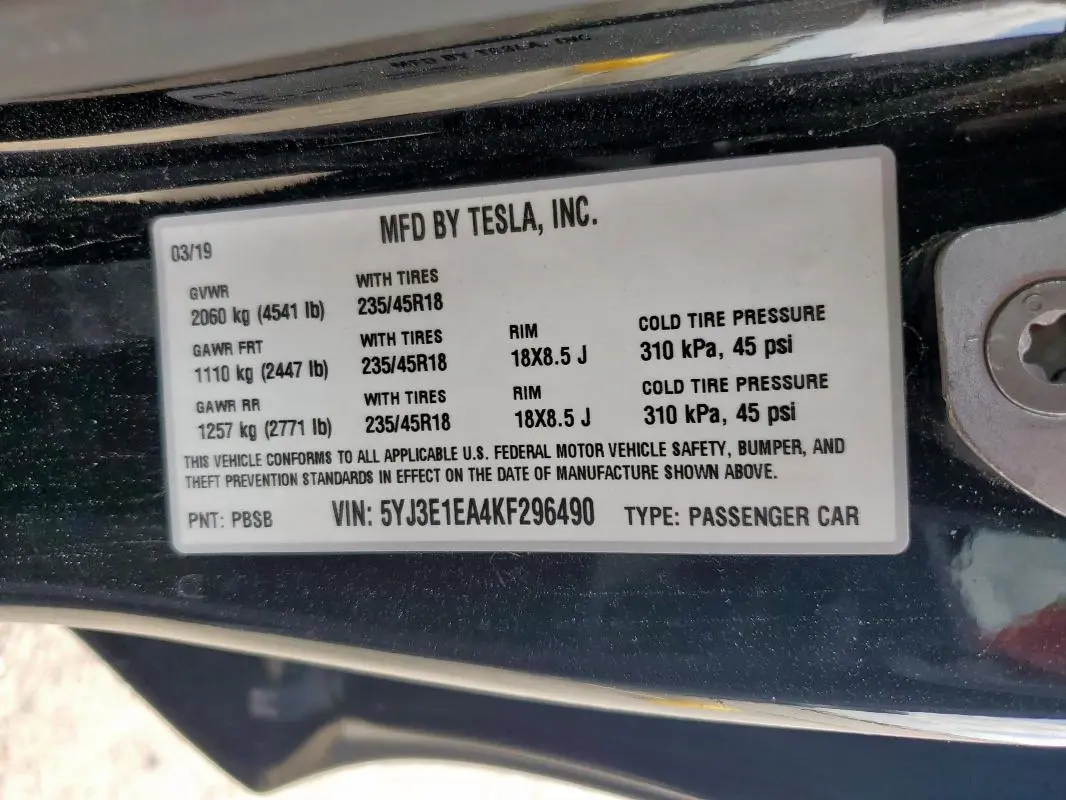 2019 TESLA MODEL 3   