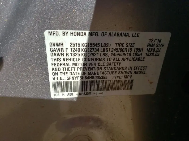 2017 HONDA PILOT EXL  