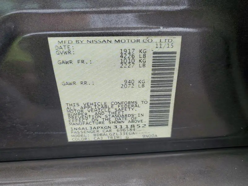 2016 NISSAN ALTIMA 2.5 S  