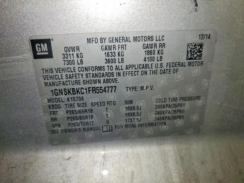 2015 CHEVROLET TAHOE K1500 LT  