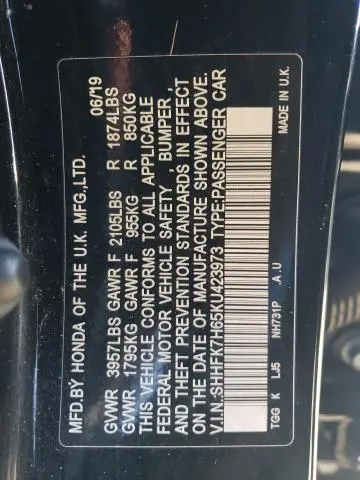 2019 HONDA CIVIC EX  