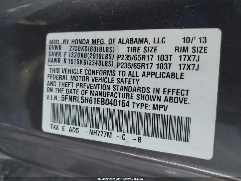 2014 HONDA ODYSSEY EX-L