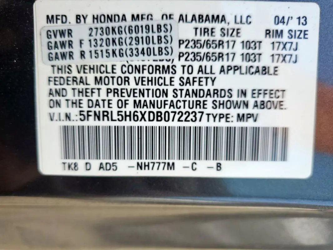 2013 HONDA ODYSSEY EXL  