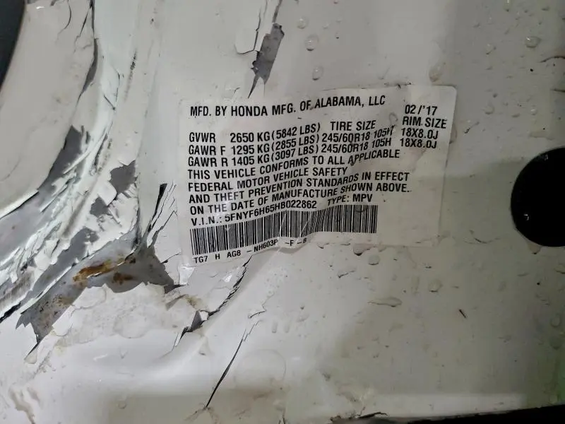 2017 HONDA PILOT EXL  