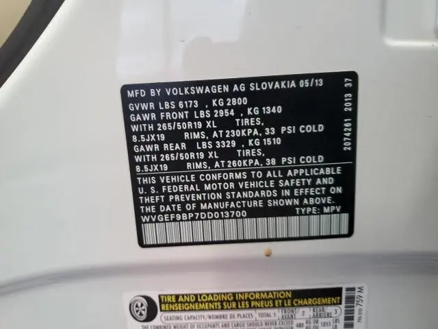 2013 VOLKSWAGEN TOUAREG V6  