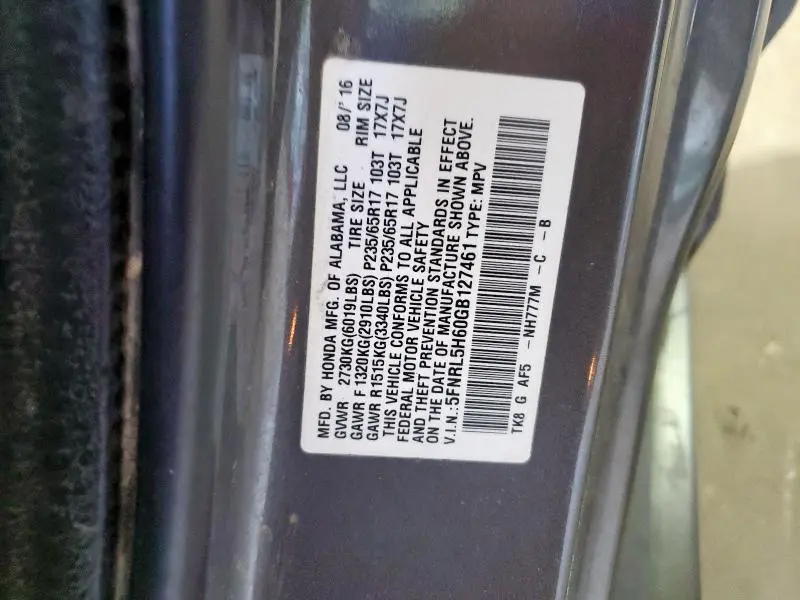 2016 HONDA ODYSSEY EXL  