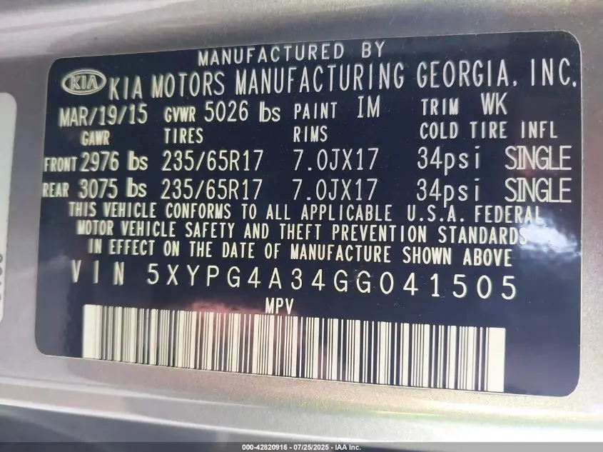 2016 KIA SORENTO 2.4L L