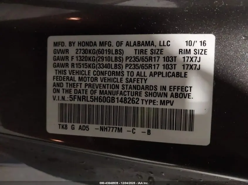 2016 HONDA ODYSSEY EX-L