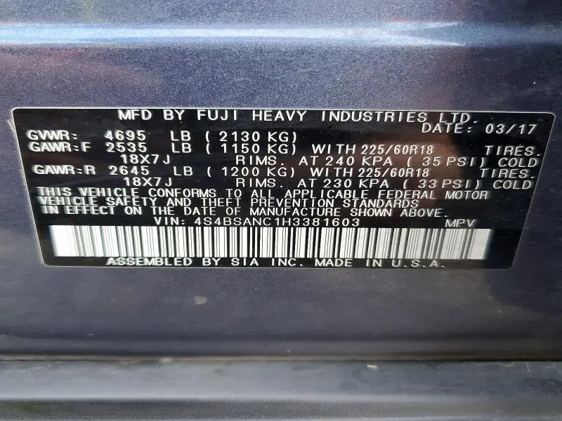 2017 SUBARU OUTBACK 2.5I LIMITED  