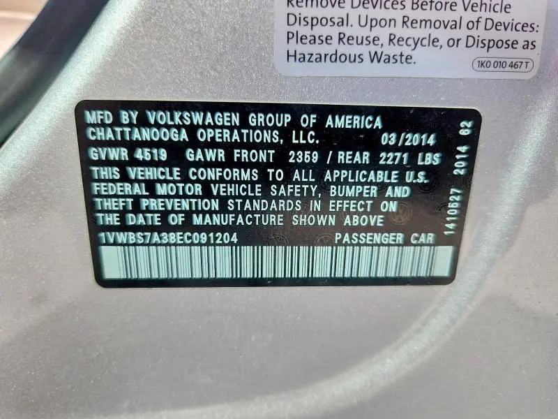2014 VOLKSWAGEN PASSAT   