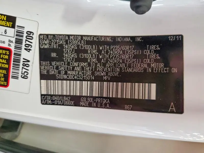 2012 TOYOTA SIENNA XLE 8-PASSENGER  
