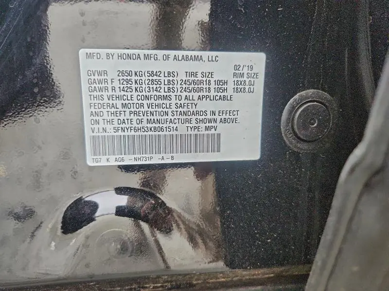 2019 HONDA PILOT EXL  