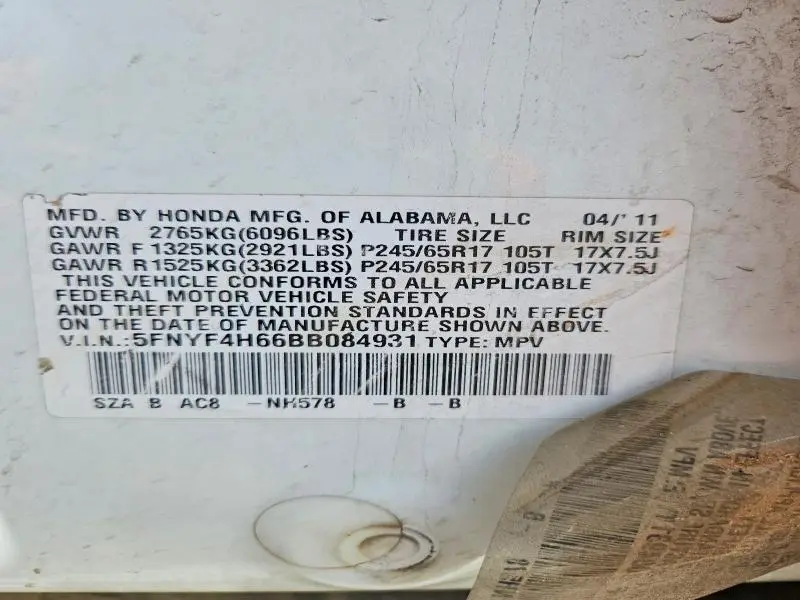 2011 HONDA PILOT EXL  