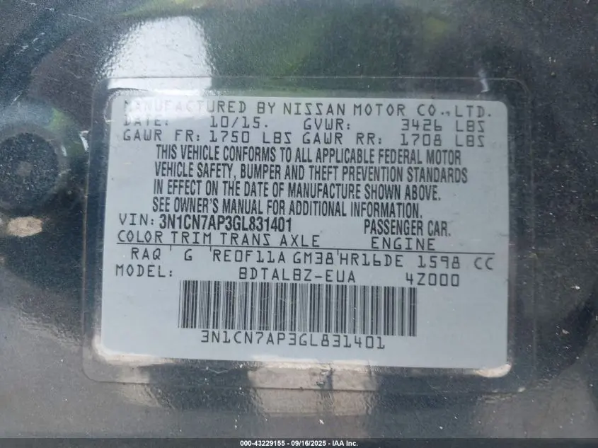 2016 NISSAN VERSA 1.6 S/1.6 S+/1.6 SL/1.6 SV