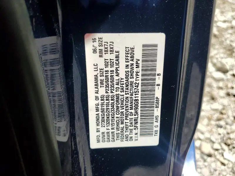 2016 HONDA ODYSSEY TOURING  