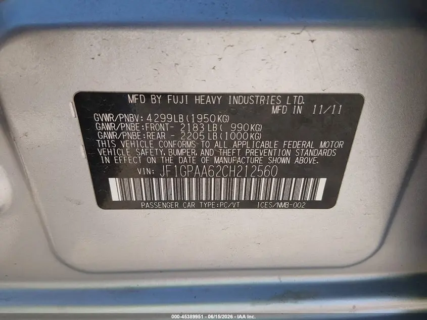 2012 SUBARU IMPREZA 2.0I