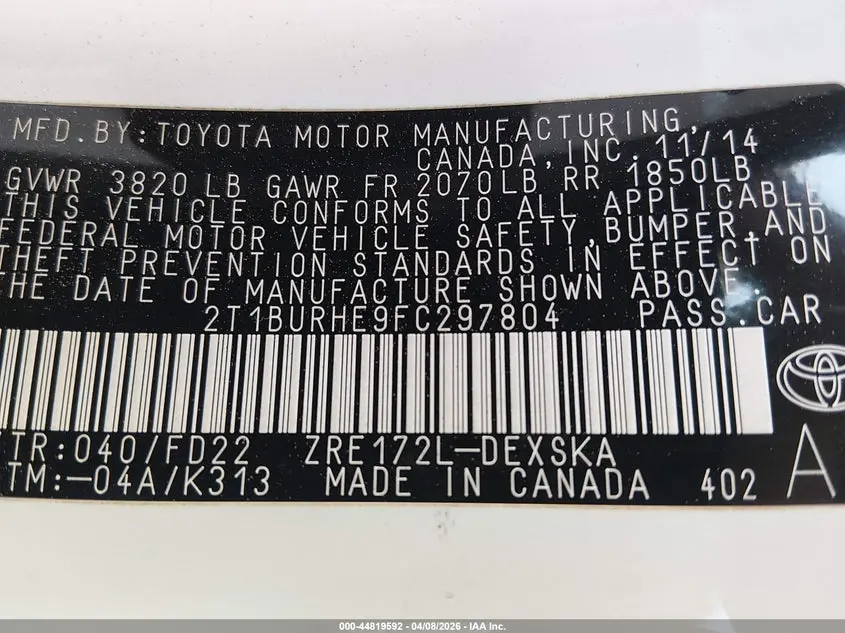2015 TOYOTA COROLLA S PLUS