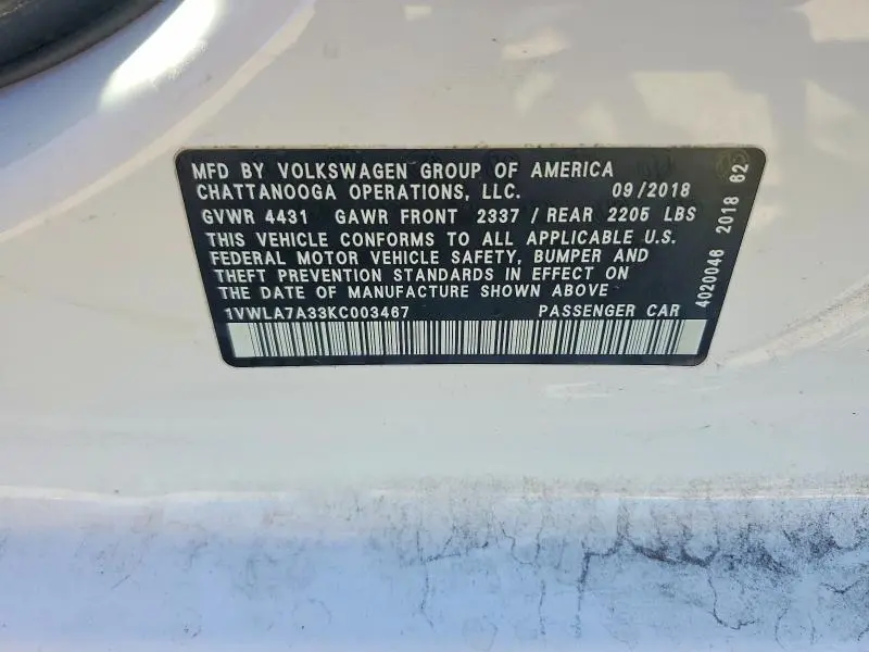 2019 VOLKSWAGEN PASSAT WOLFSBURG  