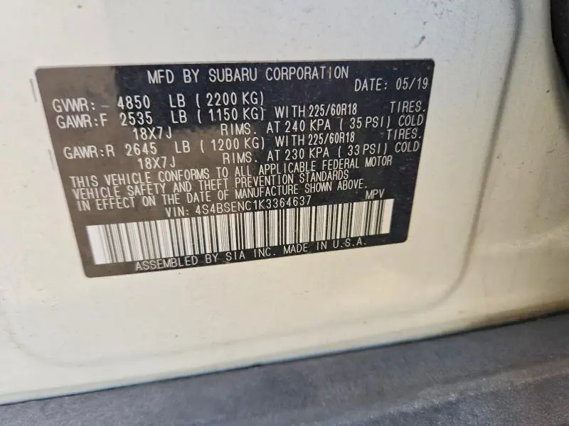 2019 SUBARU OUTBACK 3.6R LIMITED  