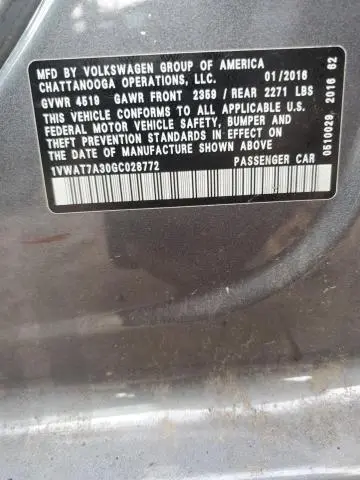 2016 VOLKSWAGEN PASSAT S  