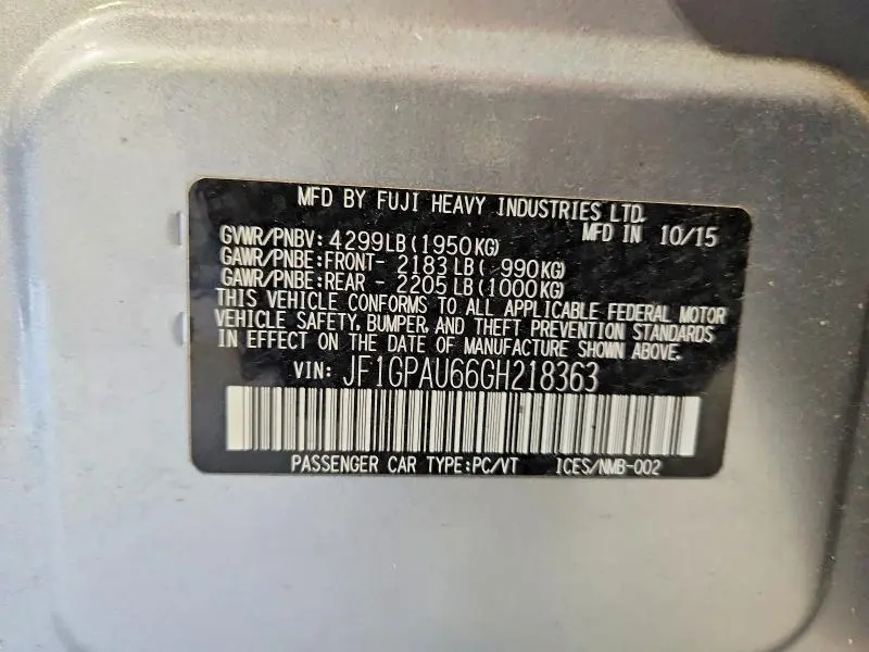 2016 SUBARU IMPREZA SPORT LIMITED  