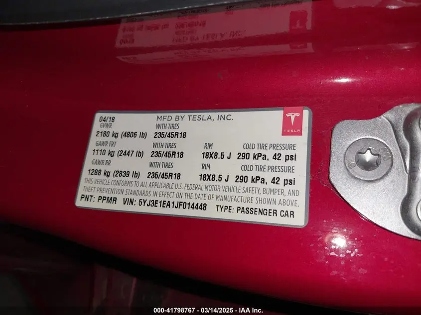 2018 TESLA MODEL 3 LONG RANGE/MID RANGE