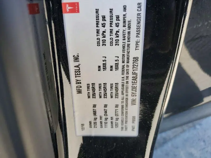 2018 TESLA MODEL 3   