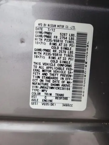 2012 NISSAN MURANO S  