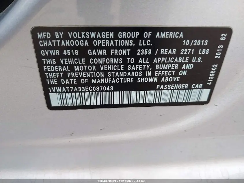 2014 VOLKSWAGEN PASSAT 1.8T S