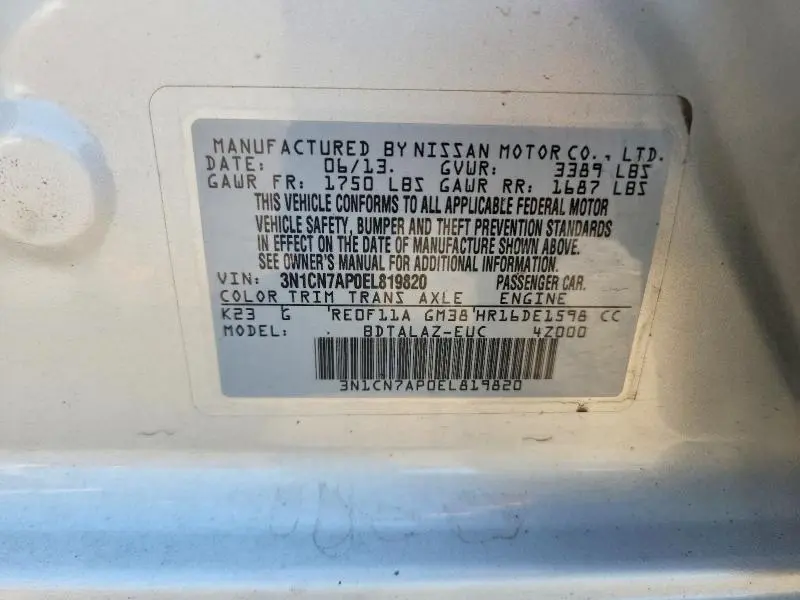 2014 NISSAN VERSA 1.6 S  